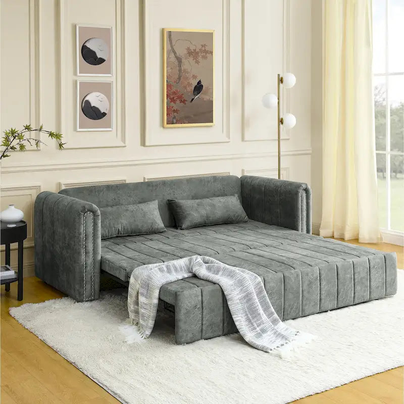 Canapé-lit gigogne 3 en 1, canapé-lit futon convertible moderne à 3 places avec accoudoirs roulés décorés de clous en cuivre