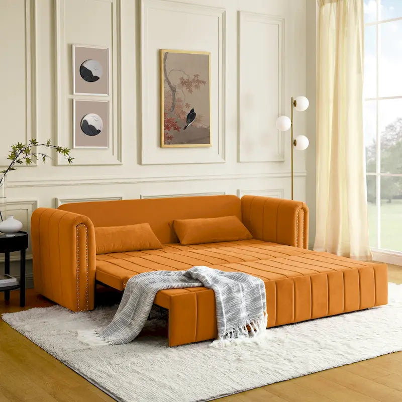 Canapé-lit gigogne 3 en 1, canapé-lit futon convertible moderne à 3 places avec accoudoirs roulés décorés de clous en cuivre