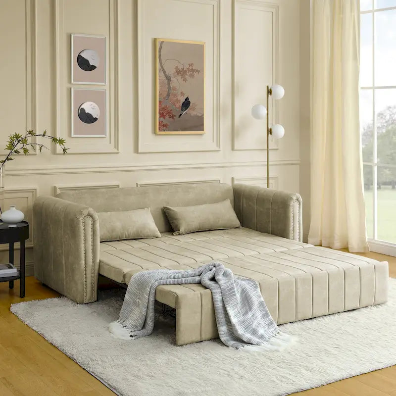 Canapé-lit gigogne 3 en 1, canapé-lit futon convertible moderne à 3 places avec accoudoirs roulés décorés de clous en cuivre