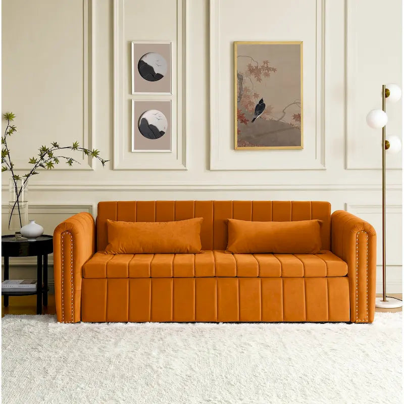 Canapé-lit gigogne 3 en 1, canapé-lit futon convertible moderne à 3 places avec accoudoirs roulés décorés de clous en cuivre