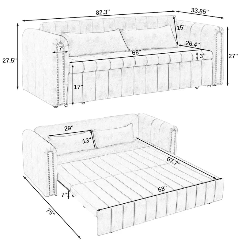 Canapé-lit gigogne 3 en 1, canapé-lit futon convertible moderne à 3 places avec accoudoirs roulés décorés de clous en cuivre