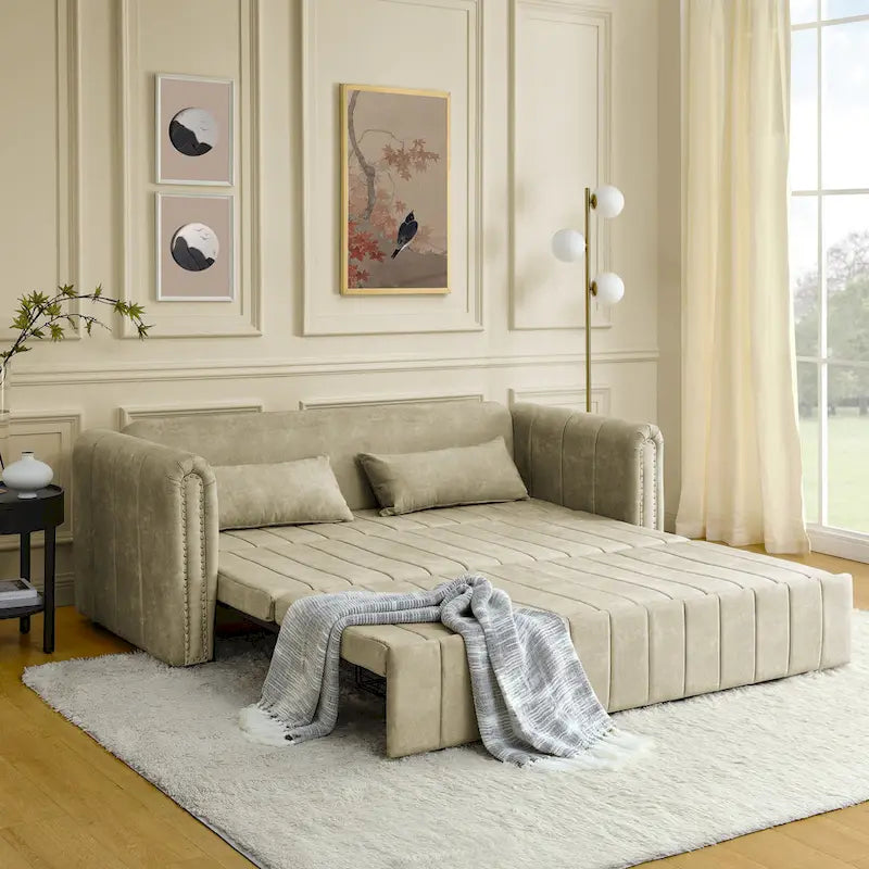 Canapé-lit gigogne 3 en 1, canapé-lit futon convertible moderne à 3 places avec accoudoirs roulés décorés de clous en cuivre