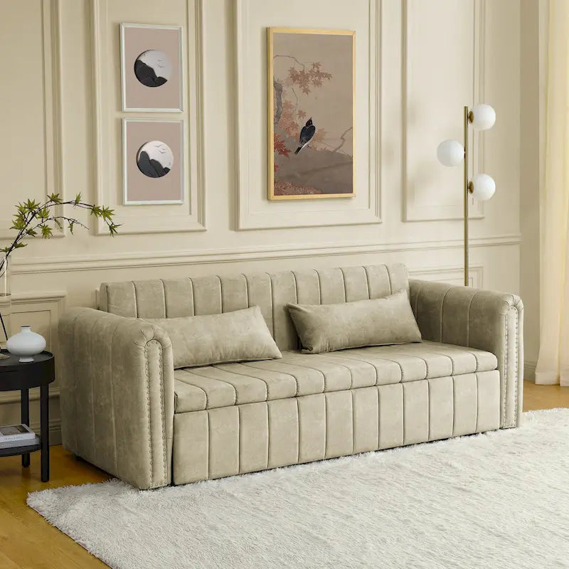 Canapé-lit gigogne 3 en 1, canapé-lit futon convertible moderne à 3 places avec accoudoirs roulés décorés de clous en cuivre