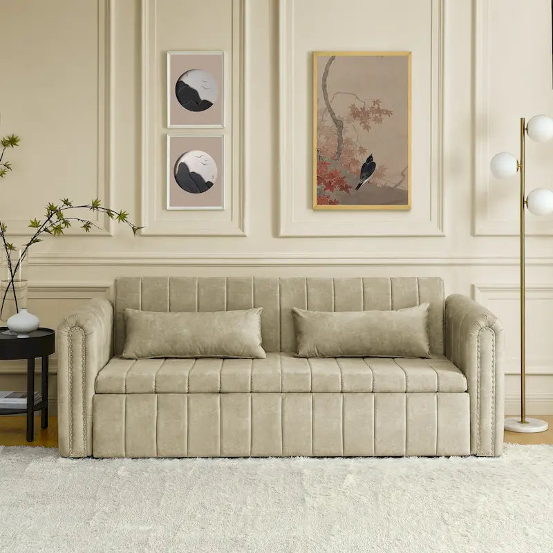 Canapé-lit gigogne 3 en 1, canapé-lit futon convertible moderne à 3 places avec accoudoirs roulés décorés de clous en cuivre