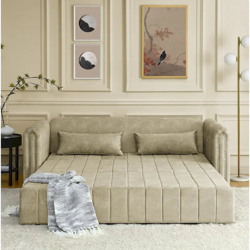 Canapé-lit gigogne 3 en 1, canapé-lit futon convertible moderne à 3 places avec accoudoirs roulés décorés de clous en cuivre