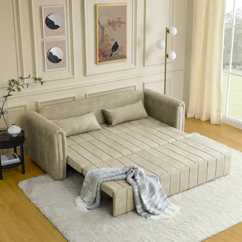 Canapé-lit gigogne 3 en 1, canapé-lit futon convertible moderne à 3 places avec accoudoirs roulés décorés de clous en cuivre