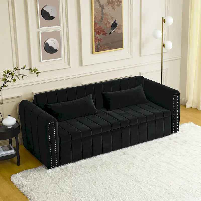 Canapé-lit gigogne 3 en 1, canapé-lit futon convertible moderne à 3 places avec accoudoirs roulés décorés de clous en cuivre