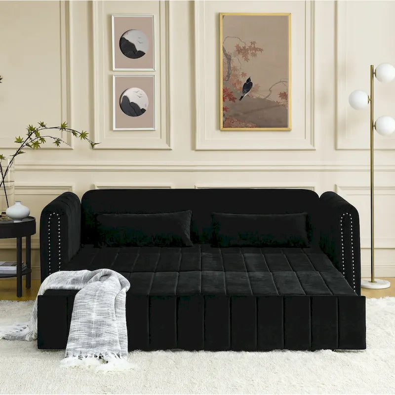 Canapé-lit gigogne 3 en 1, canapé-lit futon convertible moderne à 3 places avec accoudoirs roulés décorés de clous en cuivre