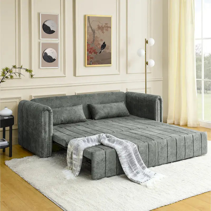 Canapé-lit gigogne 3 en 1, canapé-lit futon convertible moderne à 3 places avec accoudoirs roulés décorés de clous en cuivre