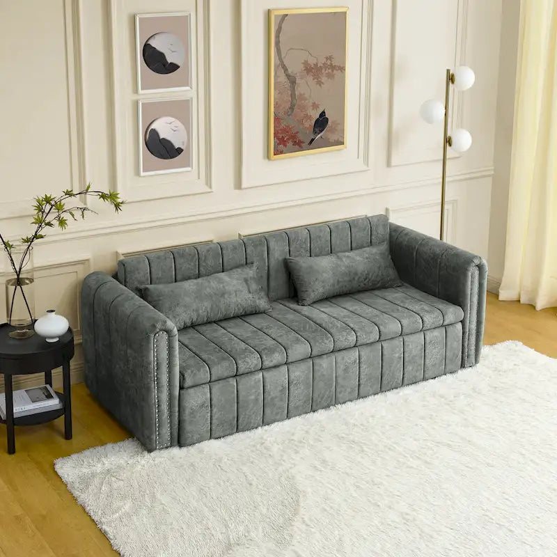 Canapé-lit gigogne 3 en 1, canapé-lit futon convertible moderne à 3 places avec accoudoirs roulés décorés de clous en cuivre