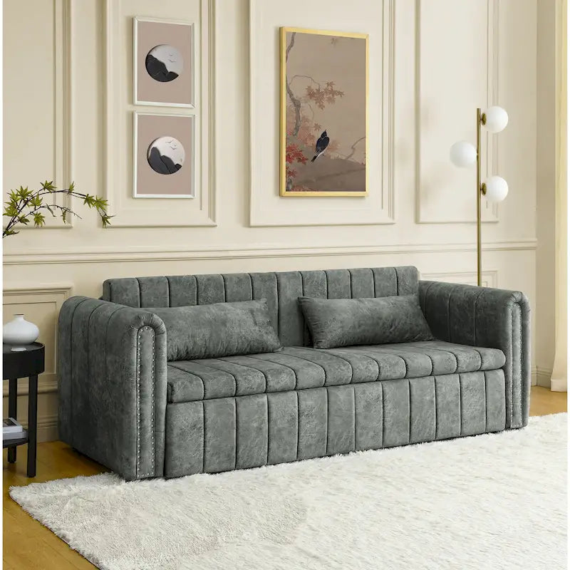 Canapé-lit gigogne 3 en 1, canapé-lit futon convertible moderne à 3 places avec accoudoirs roulés décorés de clous en cuivre