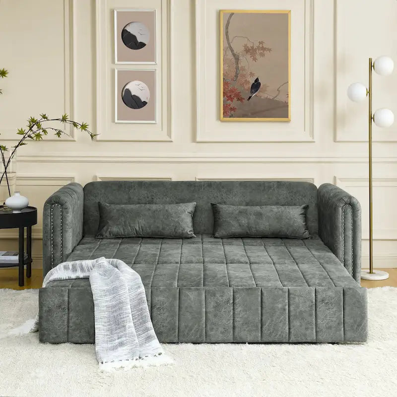 Canapé-lit gigogne 3 en 1, canapé-lit futon convertible moderne à 3 places avec accoudoirs roulés décorés de clous en cuivre