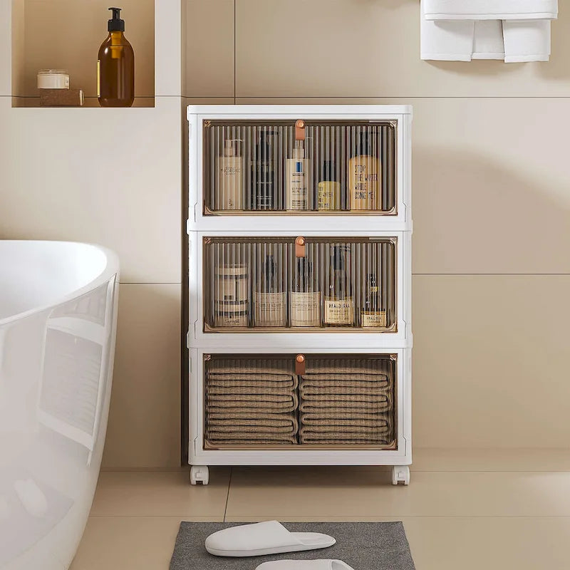 Meuble de rangement de salle de bain à 3 niveaux Javlergo, bacs de rangement avec couvercle, boîtes de rangement empilables, organiseurs de rangement pliables