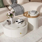 Table basse ronde moderne ensemble de 2, plateau rotatif à 360 degrés en forme de fleur avec 2 tiroirs, table d'appoint supérieure ronde avec verre