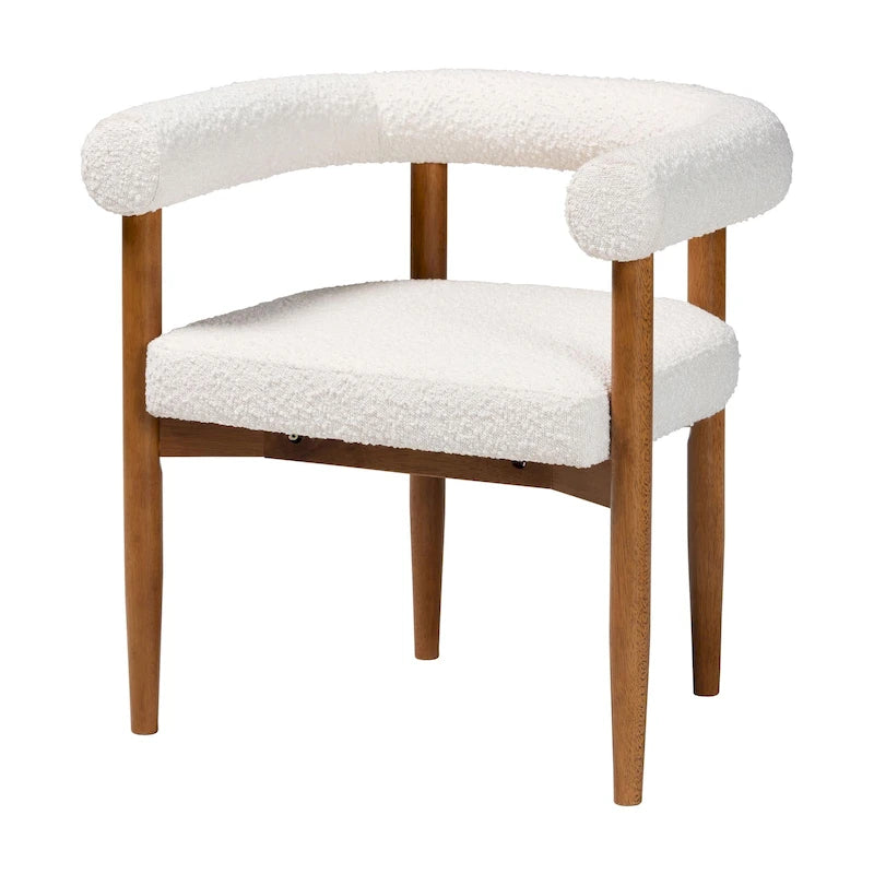 Fauteuil de salle à manger en tissu bouclé Japandi | Silhouette Tuxedo | Pieds en hévéa | 73,4 cm L | Crème