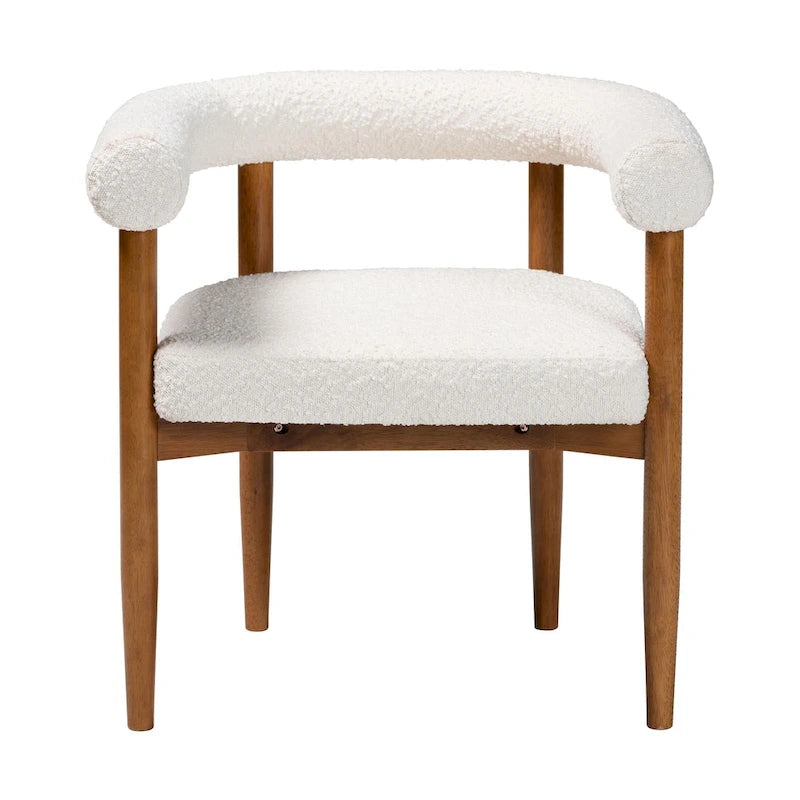 Fauteuil de salle à manger en tissu bouclé Japandi | Silhouette Tuxedo | Pieds en hévéa | 73,4 cm L | Crème