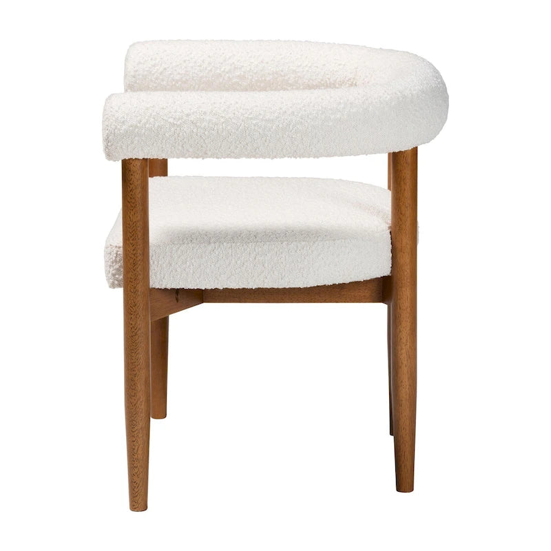 Fauteuil de salle à manger en tissu bouclé Japandi | Silhouette Tuxedo | Pieds en hévéa | 73,4 cm L | Crème