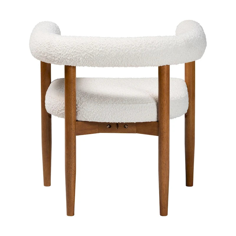 Fauteuil de salle à manger en tissu bouclé Japandi | Silhouette Tuxedo | Pieds en hévéa | 73,4 cm L | Crème