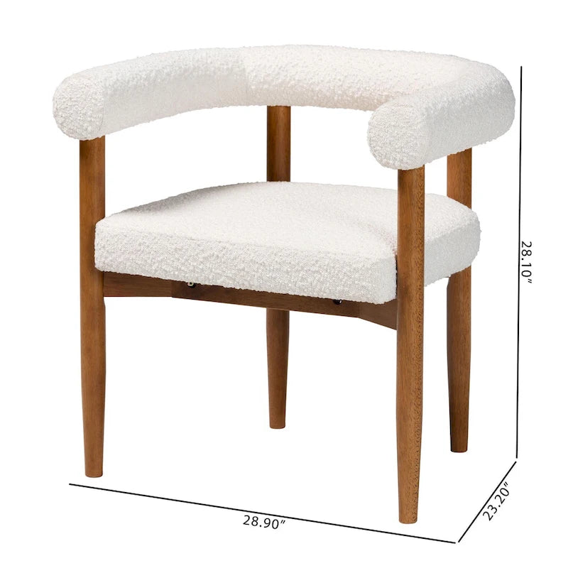 Fauteuil de salle à manger en tissu bouclé Japandi | Silhouette Tuxedo | Pieds en hévéa | 73,4 cm L | Crème