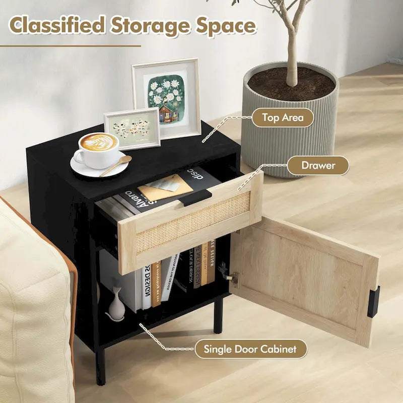 Tables de chevet en rotin de style Mid-Century - Lot de 2 avec tiroir et placard | Pieds en métal | 45,7 x 30,5 x 59,7 cm