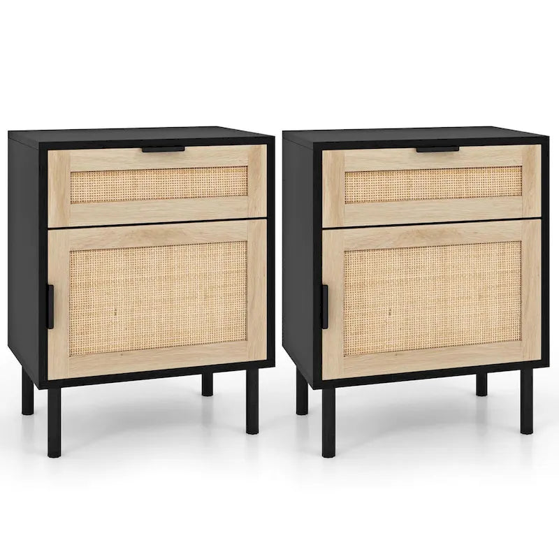 Tables de chevet en rotin de style Mid-Century - Lot de 2 avec tiroir et placard | Pieds en métal | 45,7 x 30,5 x 59,7 cm