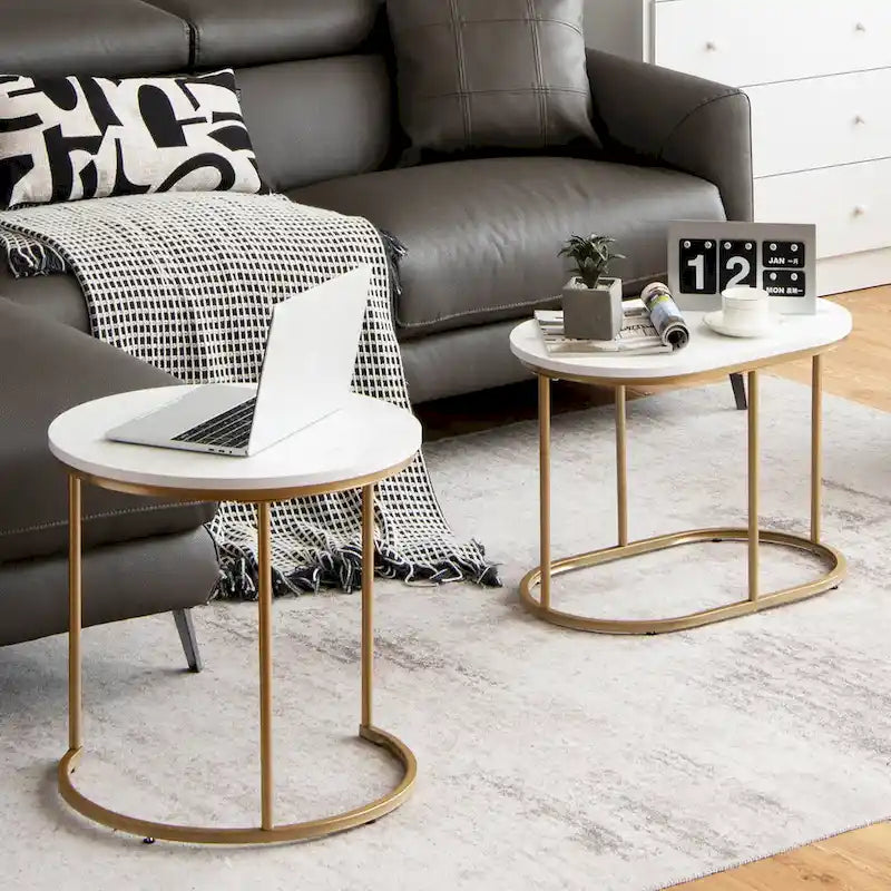 Lot de 2 tables basses gigognes modernes effet marbre – Tables d'appoint rondes pour le salon