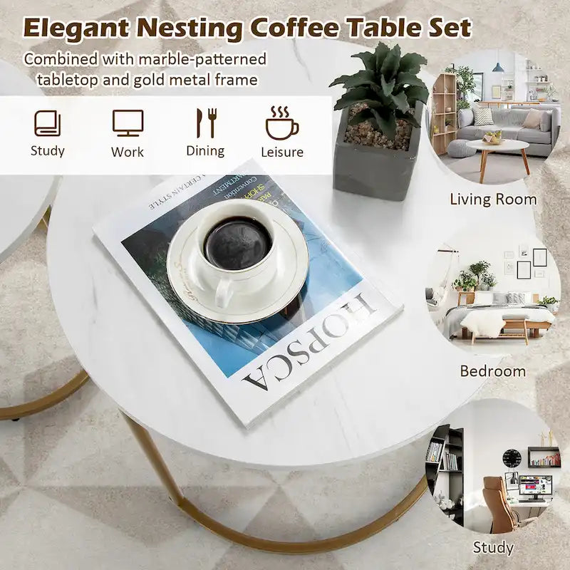 Lot de 2 tables basses gigognes modernes effet marbre – Tables d'appoint rondes pour le salon