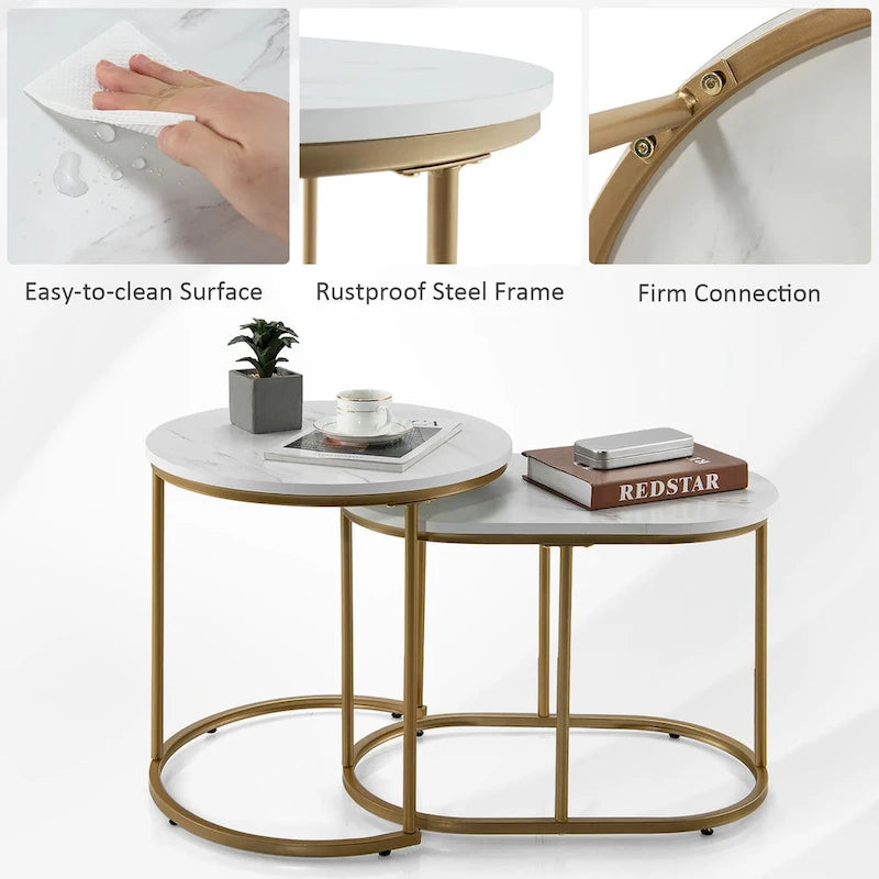 Lot de 2 tables basses gigognes modernes effet marbre – Tables d'appoint rondes pour le salon