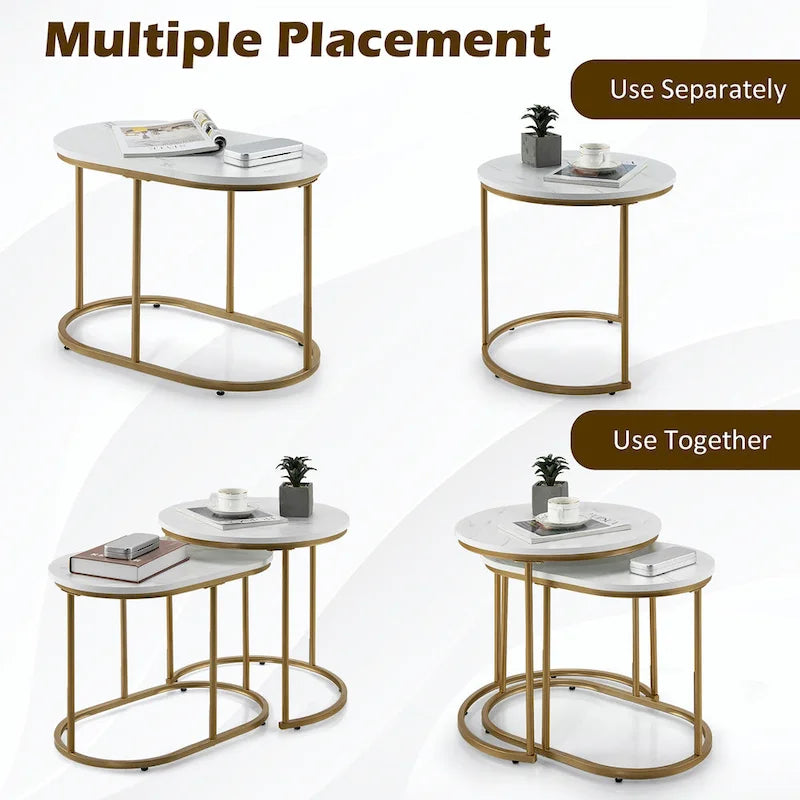Lot de 2 tables basses gigognes modernes effet marbre – Tables d'appoint rondes pour le salon