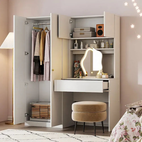 Penderie 4-en-1 avec coiffeuse, armoire de chambre avec miroir éclairé, armoire à deux portes