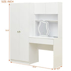 Penderie 4-en-1 avec coiffeuse, armoire de chambre avec miroir éclairé, armoire à deux portes