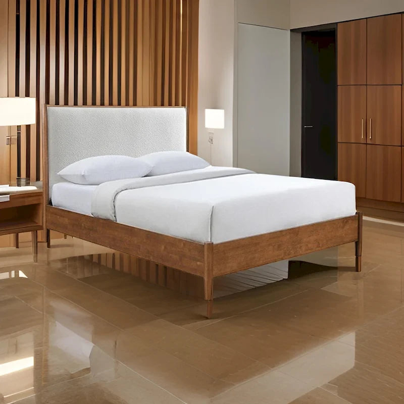Lit double Carry Queen, tête de lit rembourrée en bouclette beige, bois massif noyer marron