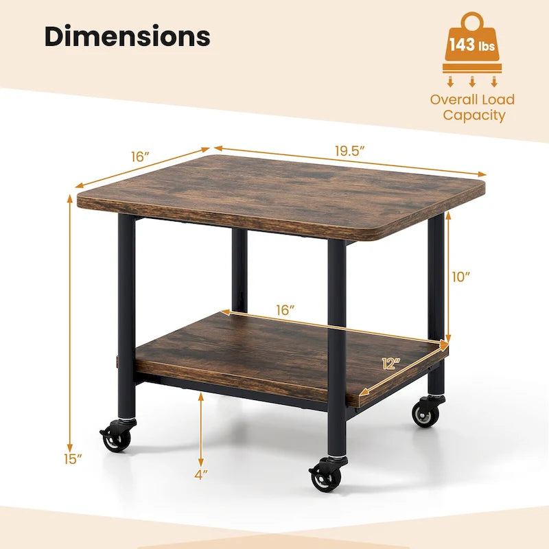 Support d'imprimante mobile à 2 niveaux avec étagère de rangement | 4 roulettes | Capacité de 36 kg | 48 x 41 x 38 cm | Marron