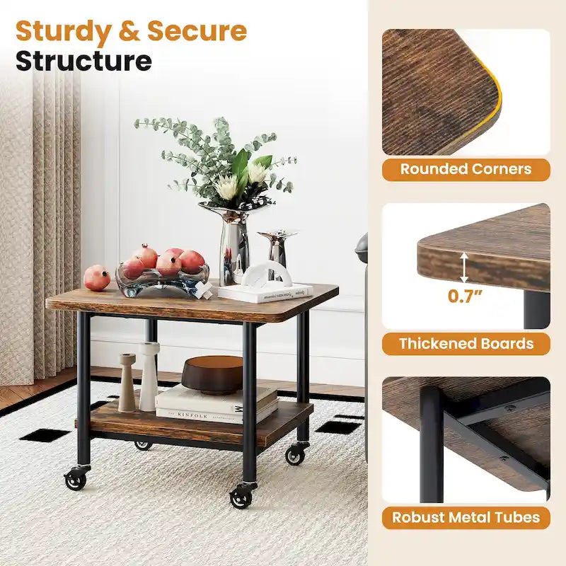 Support d'imprimante mobile à 2 niveaux avec étagère de rangement | 4 roulettes | Capacité de 36 kg | 48 x 41 x 38 cm | Marron