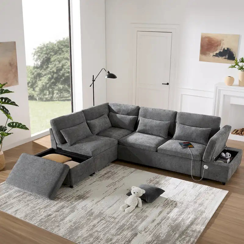 Canapé d'angle convertible modulaire Chenille avec pouf de rangement
