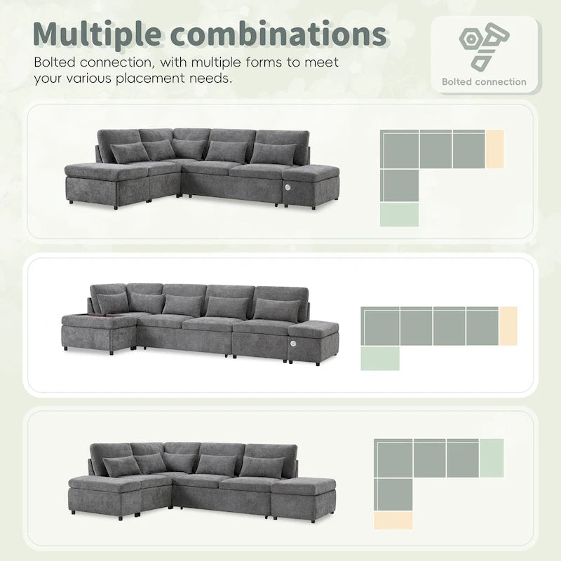 Canapé d'angle convertible modulaire Chenille avec pouf de rangement