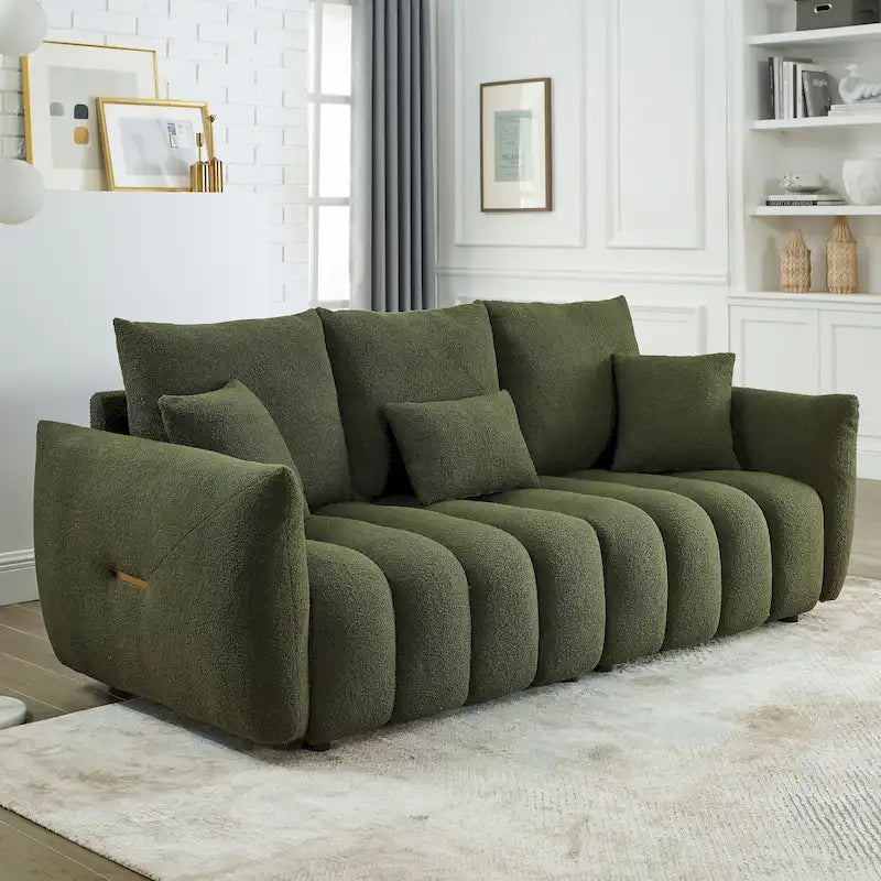 Canapé 3 places en velours Teddy avec coussins de dossier et cadre en bois massif | 208 cm (L) | Capacité de 340 kg | Vert