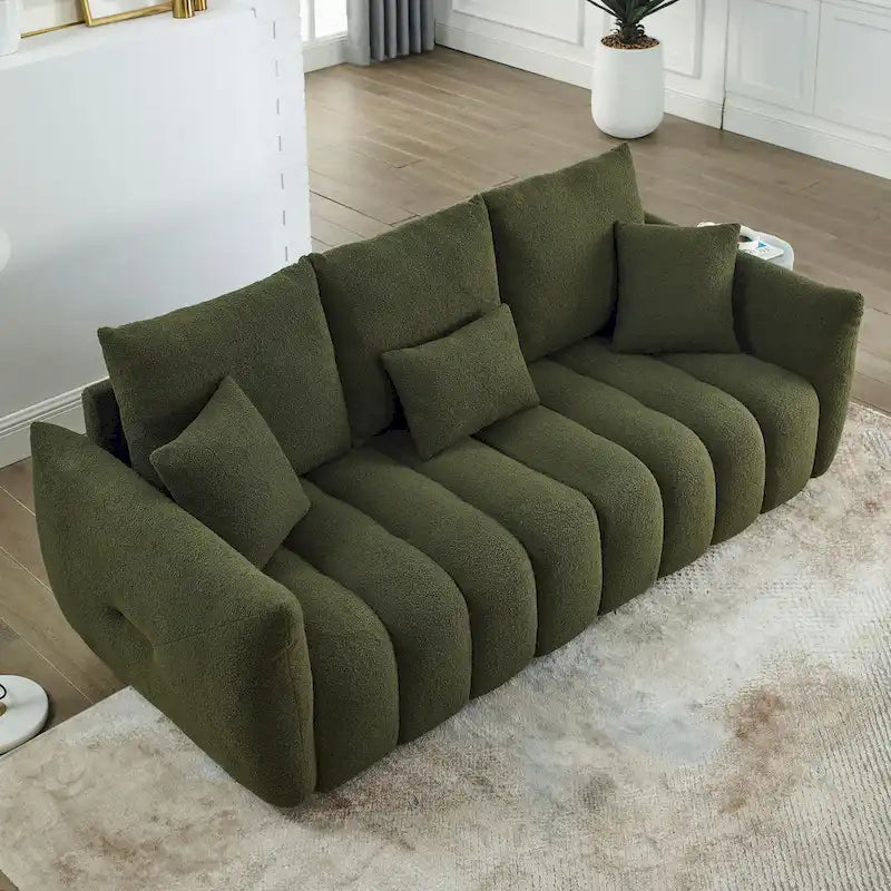 Canapé 3 places en velours Teddy avec coussins de dossier et cadre en bois massif | 208 cm (L) | Capacité de 340 kg | Vert