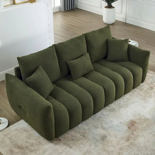 Canapé 3 places en velours Teddy avec coussins de dossier et cadre en bois massif | 208 cm (L) | Capacité de 340 kg | Vert