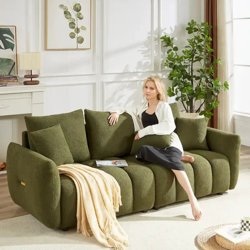 Canapé 3 places en velours Teddy avec coussins de dossier et cadre en bois massif | 208 cm (L) | Capacité de 340 kg | Vert