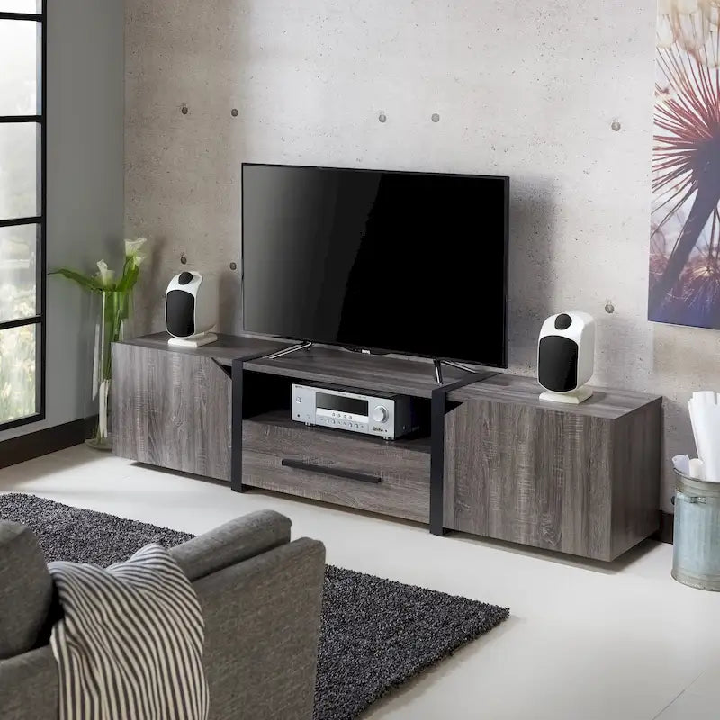 Meuble TV de rangement multifonctionnel Sawa Rustique 81" à 5 étagères – Meuble média de style ferme