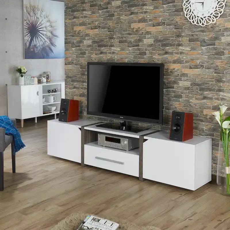 Meuble TV de rangement multifonctionnel Sawa Rustique 81" à 5 étagères – Meuble média de style ferme