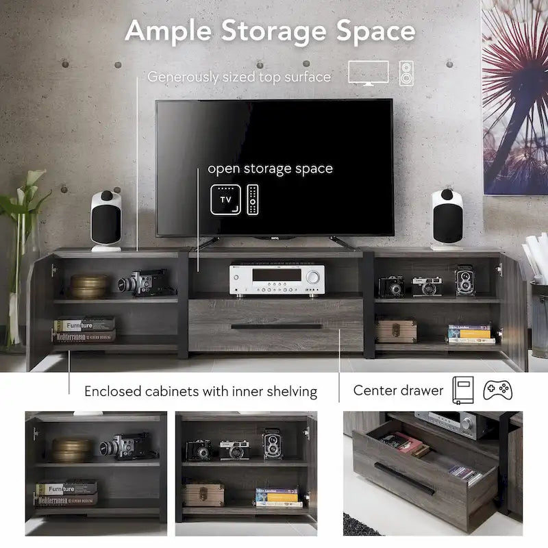 Meuble TV de rangement multifonctionnel Sawa Rustique 81" à 5 étagères – Meuble média de style ferme