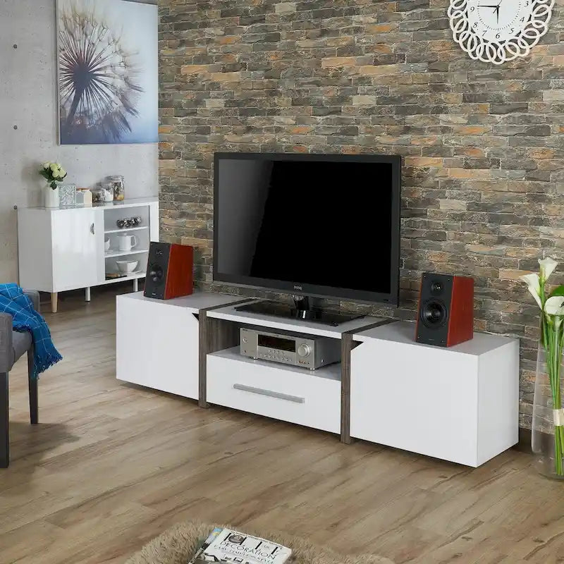 Meuble TV de rangement multifonctionnel Sawa Rustique 81" à 5 étagères – Meuble média de style ferme