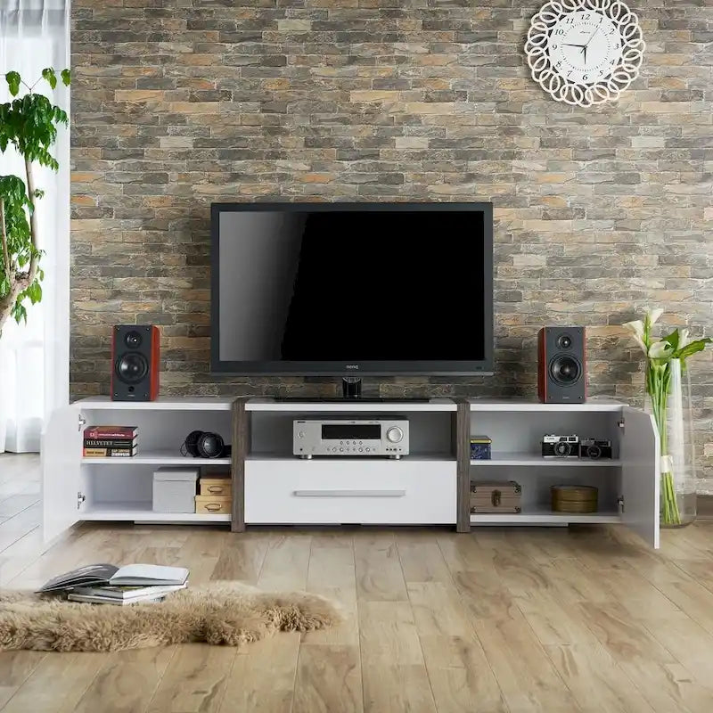Meuble TV de rangement multifonctionnel Sawa Rustique 81" à 5 étagères – Meuble média de style ferme