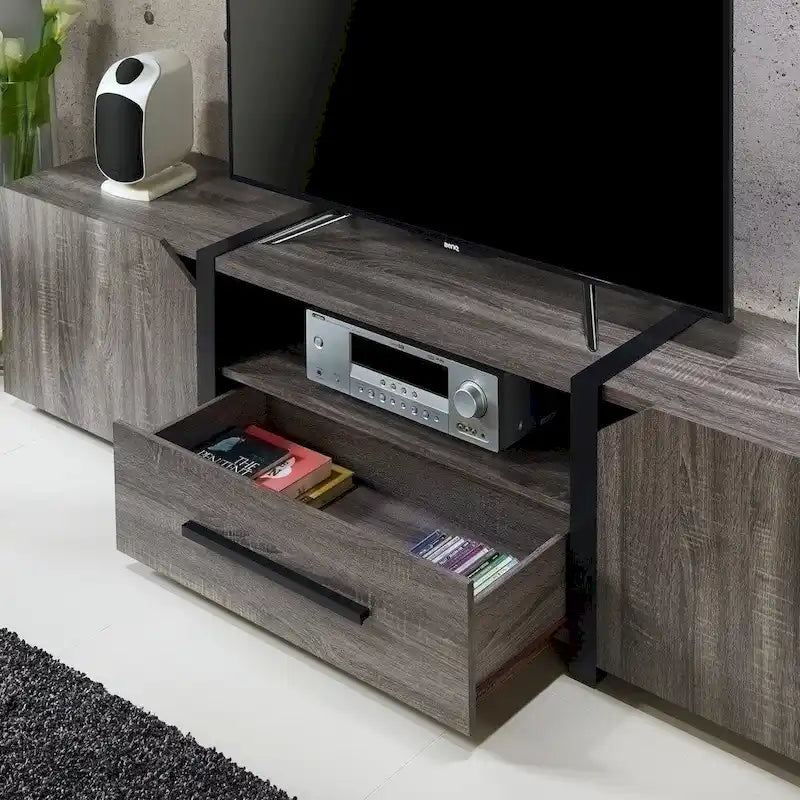Meuble TV de rangement multifonctionnel Sawa Rustique 81" à 5 étagères – Meuble média de style ferme