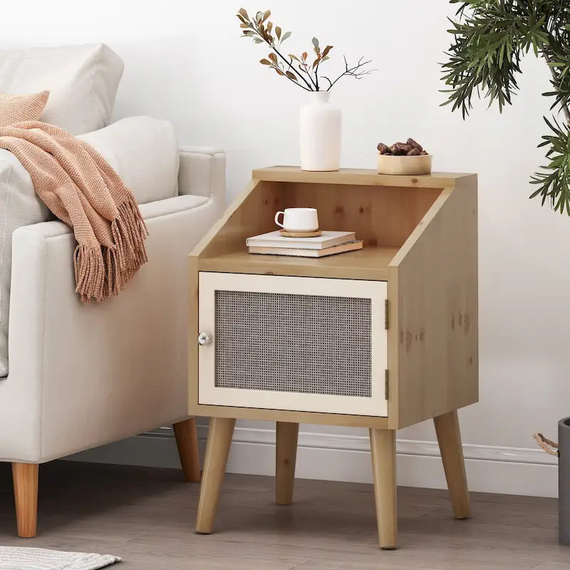 Table d'appoint contemporaine Merlack avec niche – Table d'appoint avec accent rotin et rangement
