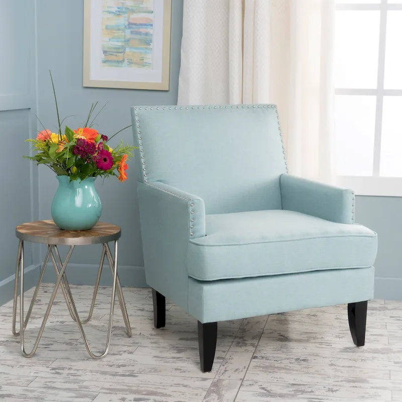 Fauteuil Club en Tissu Clouté – Fauteuil d'Appoint Extra Rembourré avec Pieds en Bois de Bouleau