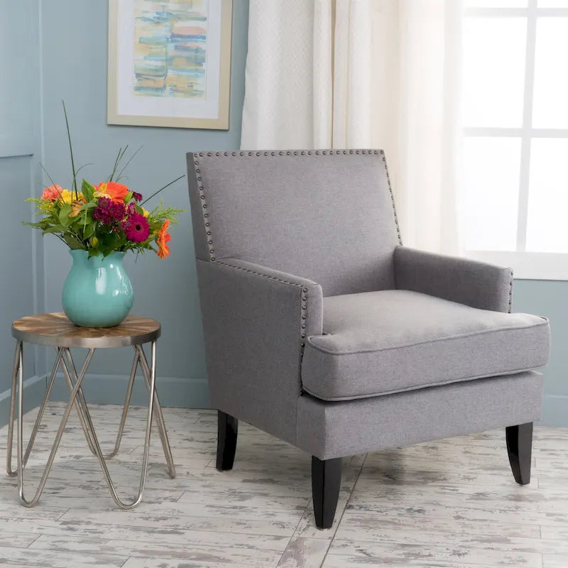Fauteuil Club en Tissu Clouté – Fauteuil d'Appoint Extra Rembourré avec Pieds en Bois de Bouleau
