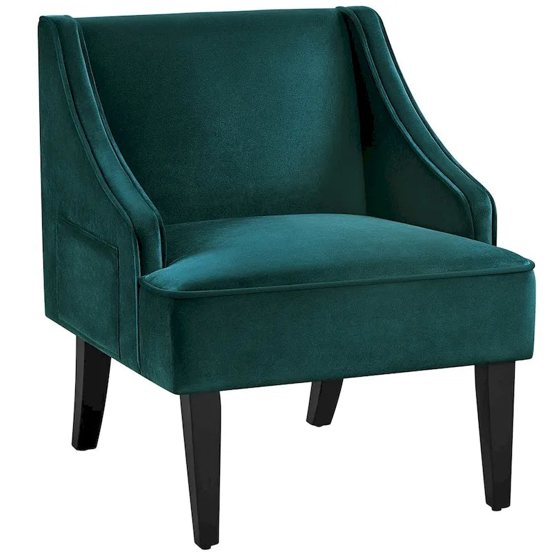 Fauteuil d'appoint moderne en velours avec pieds en bois d'hévéa – Fauteuil rembourré pour salon